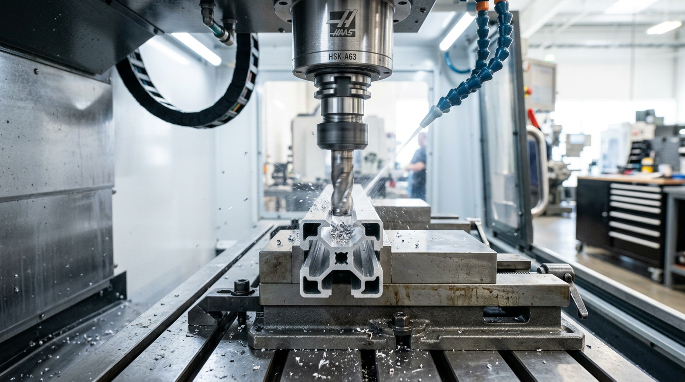 CNC machining centre cutting aluminium profiles with precision