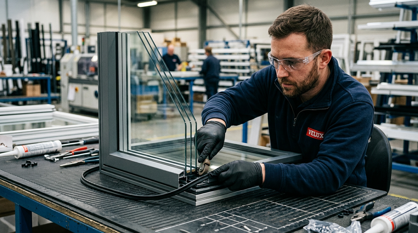 Technicians assembling a glazed window system in a controlled workshop
