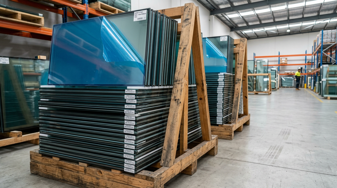 Architectural glass and aluminium profiles staged for quality-controlled assembly