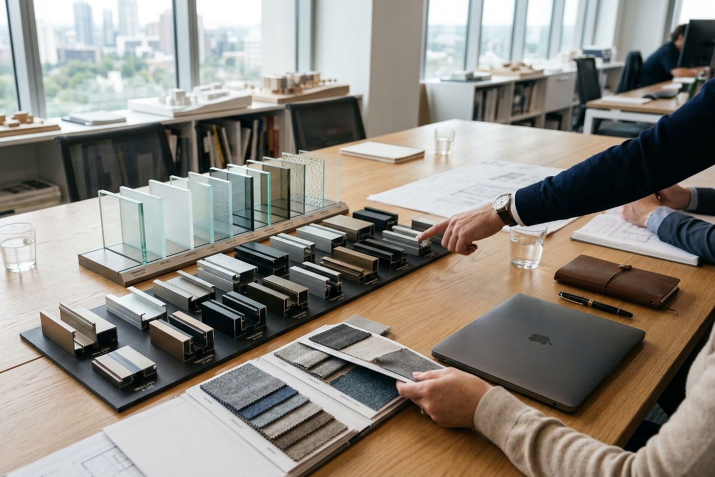 Materials review — glass samples and aluminium profiles on the project table