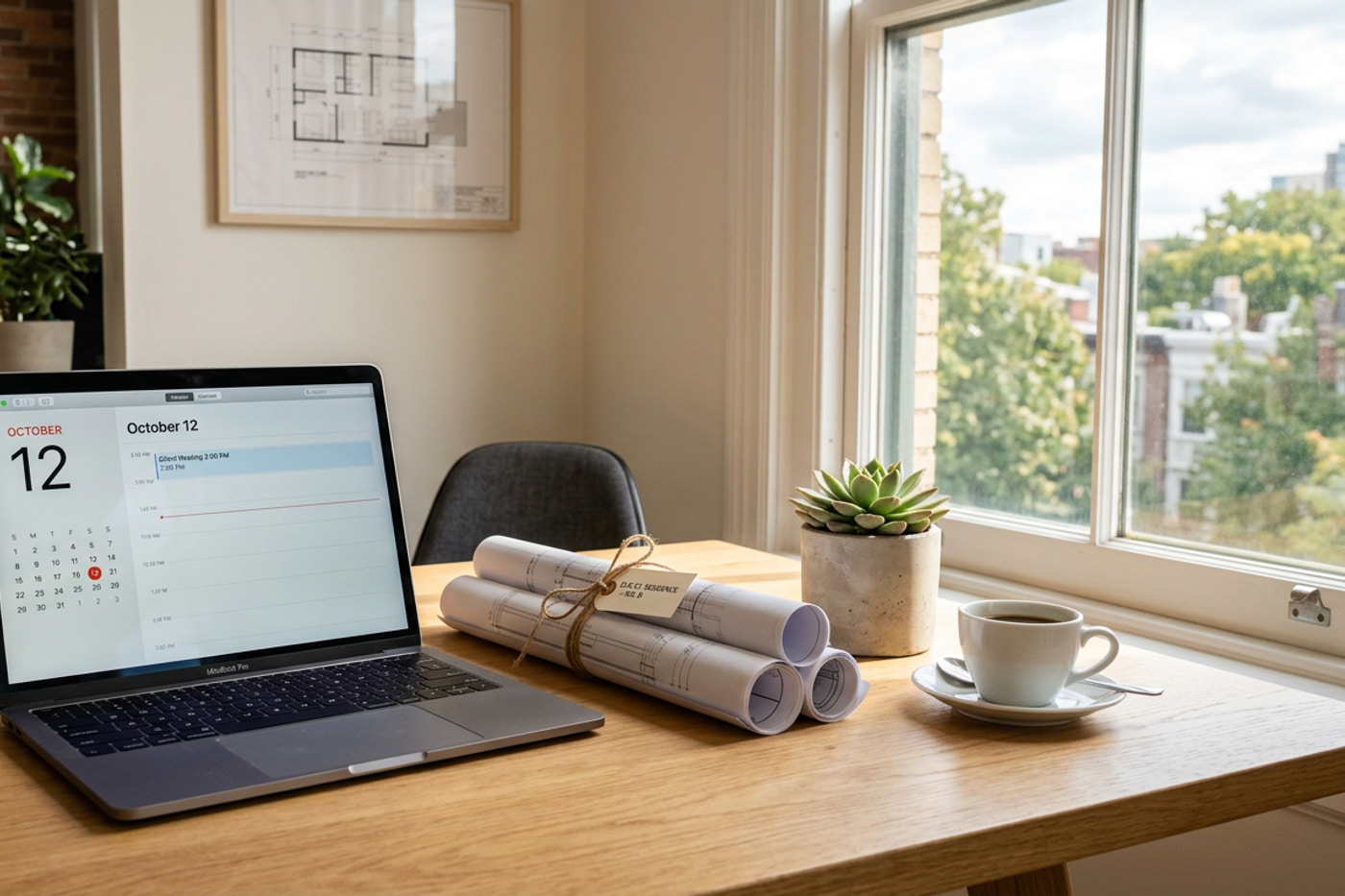 Project workspace — plans, laptop, and calm studio daylight