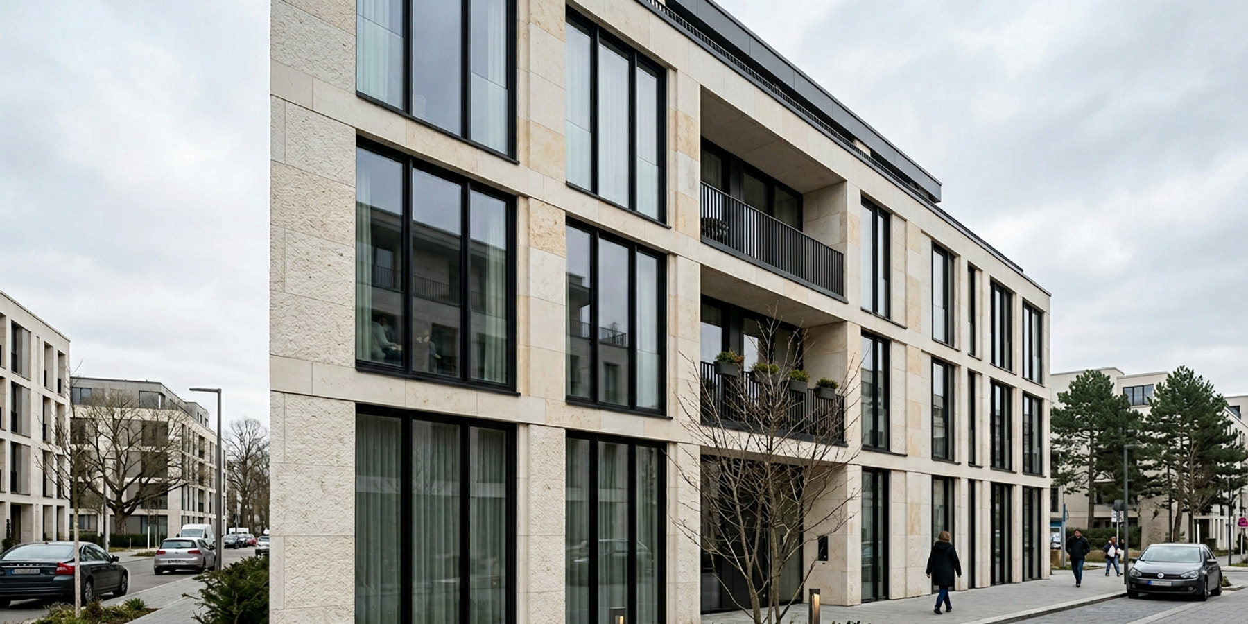 Contemporary façade glazing — slim aluminium framing