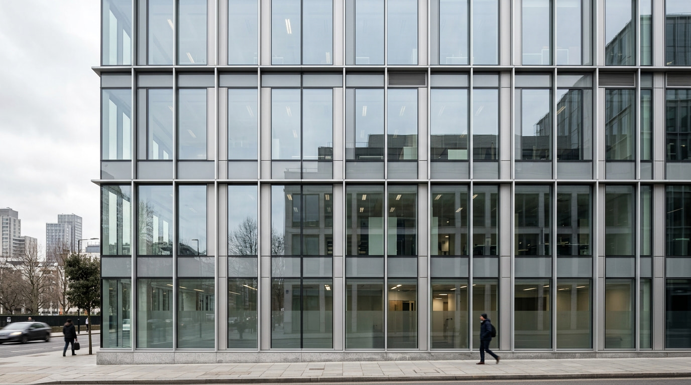 Unitised curtain wall — two floors of glass and aluminium grid, medium-distance façade view