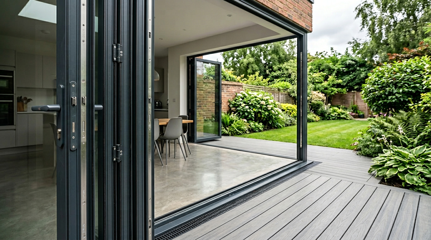 Large sliding glass door with one panel offset showing motion and flush sill