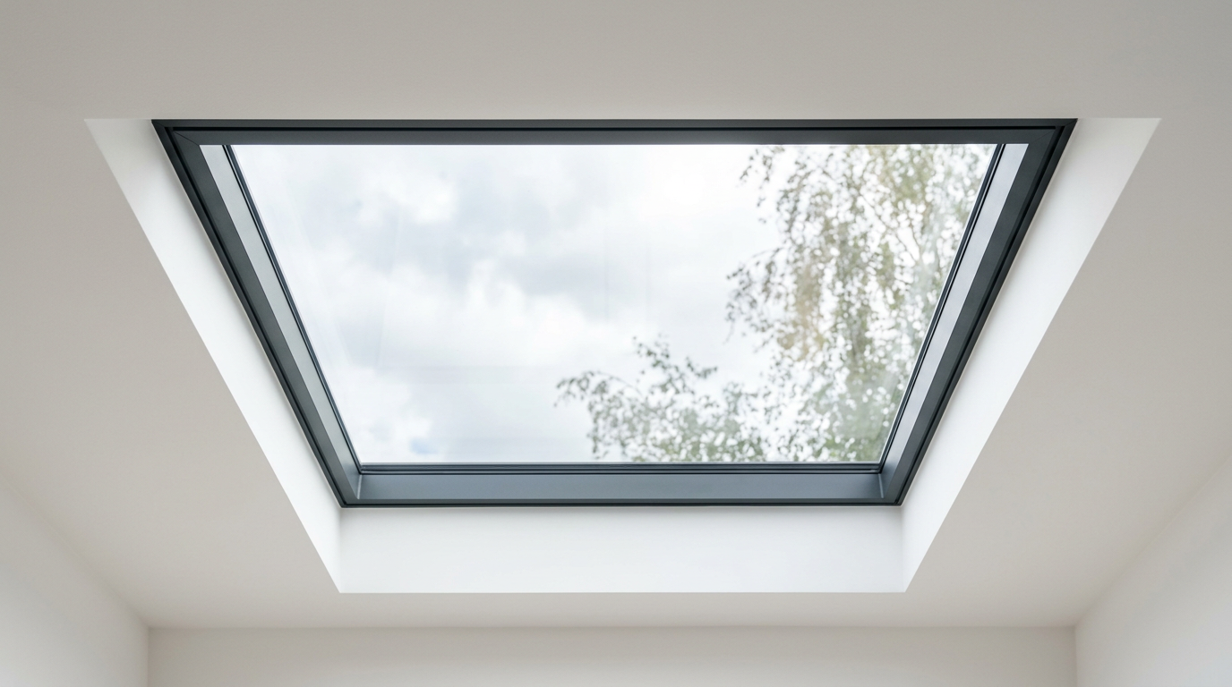 Modern rooflight with daylight entering a premium interior — glass and slim aluminium frame detail