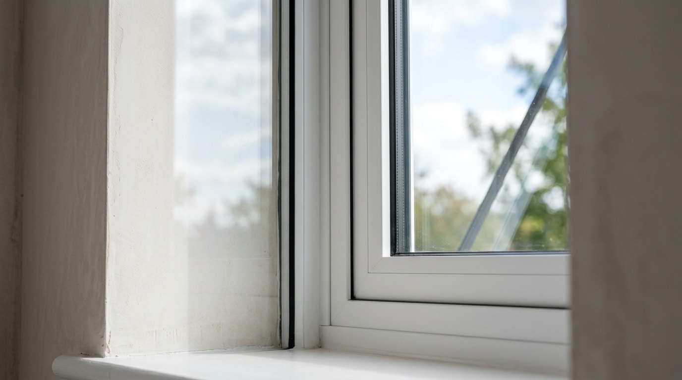 Corner window seat bay with white aluminium frames meeting at ninety degrees