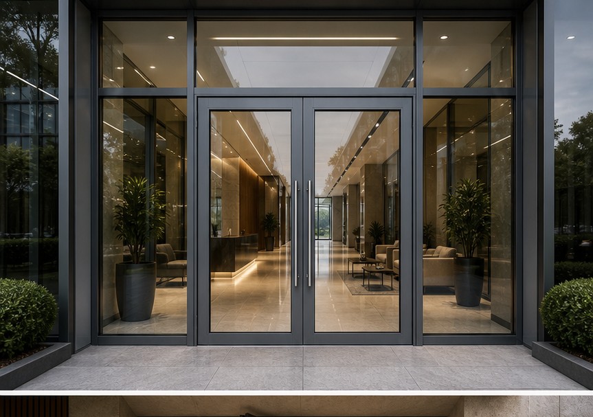 Thermally broken aluminium entrance doors with tall pull handles and sidelight
