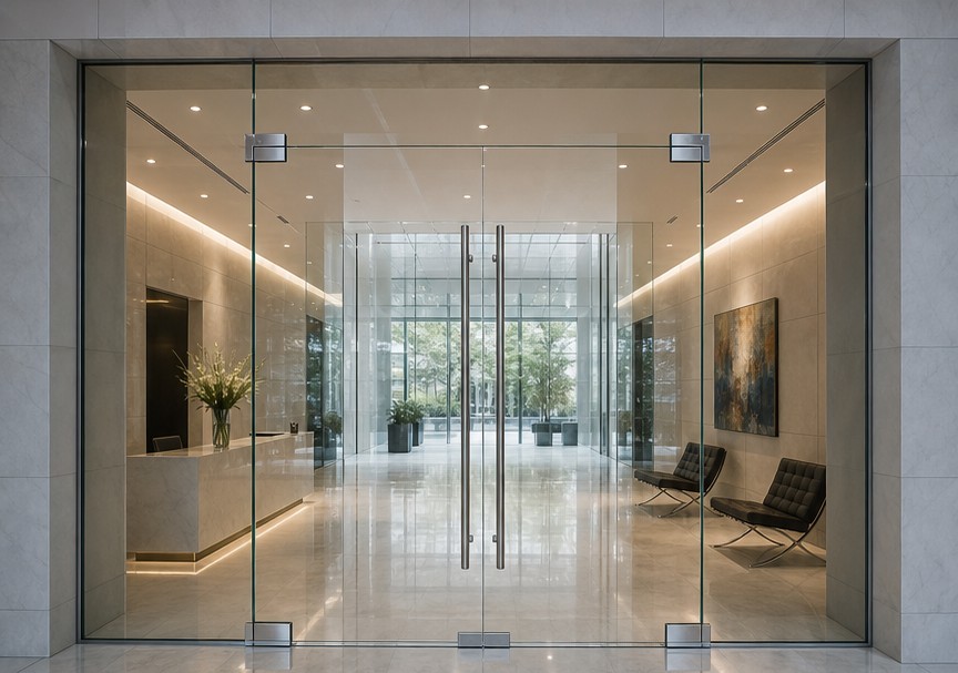 Frameless glass door with polished edges and stainless patch fittings at the corner