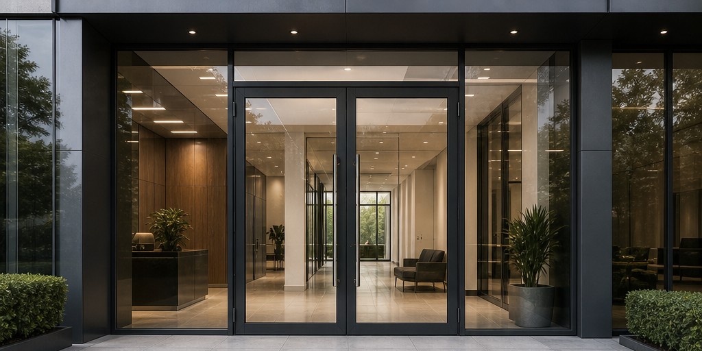 Slim aluminium hinged glass door with stainless lever handle and clear reflections