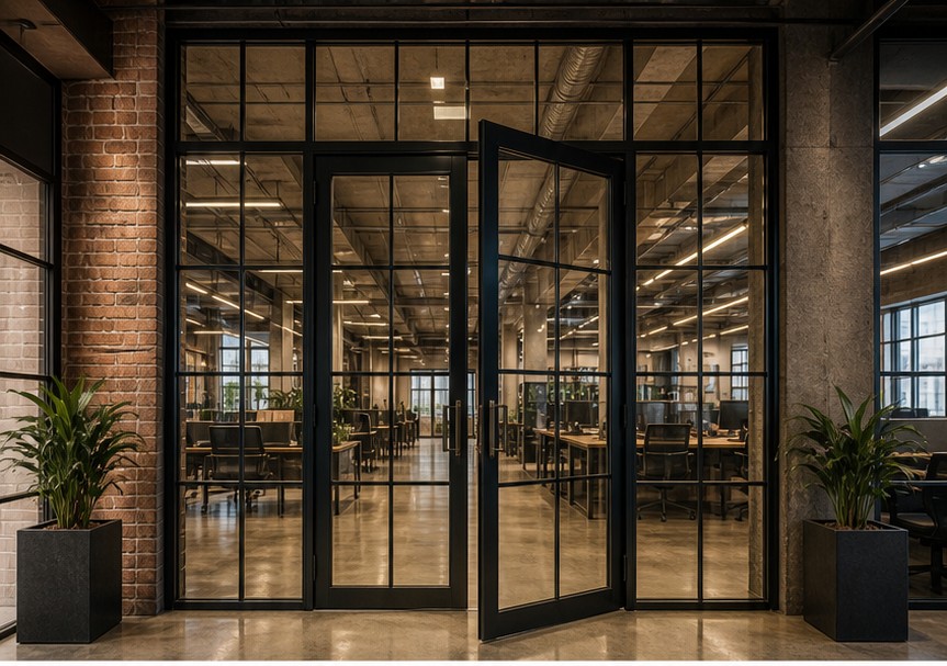 Steel-framed glass door with narrow wired vision panel and powder-coated profiles