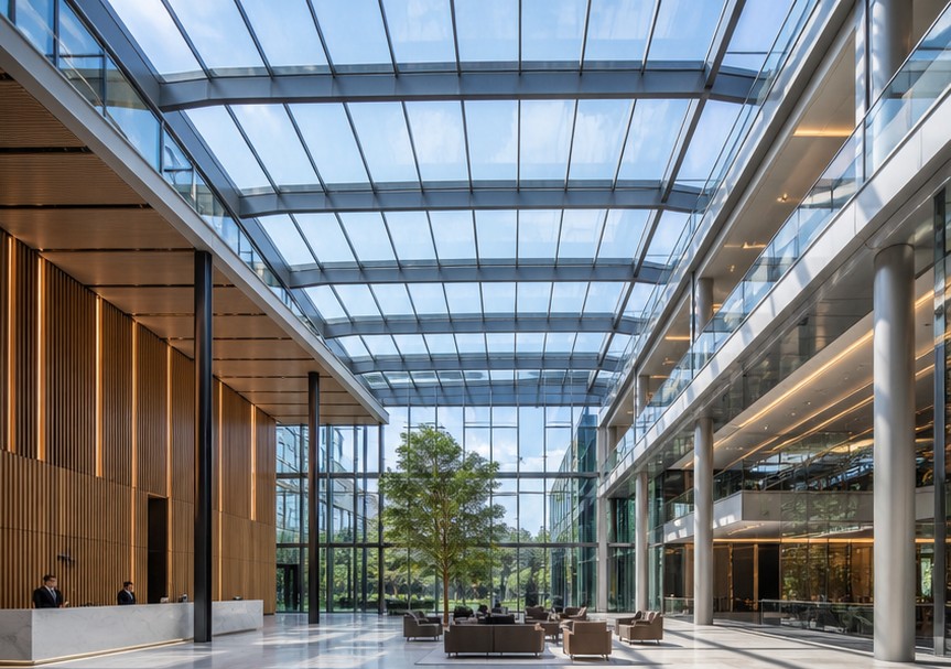 Atrium skylight — roof glazing and surrounding levels in a medium interior view