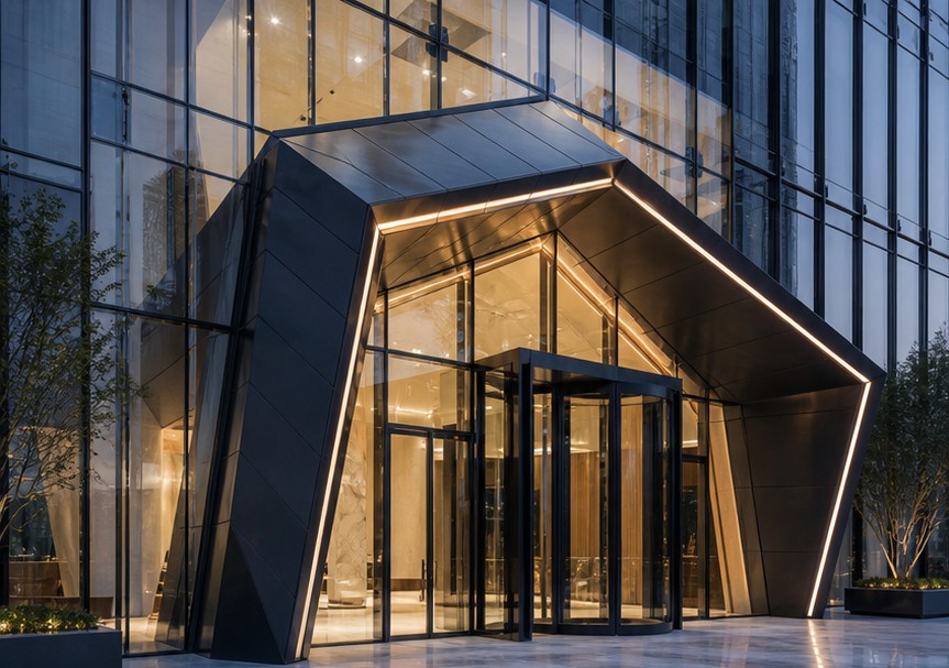 Feature entrance — glass wall and canopy with two floors of surrounding façade for context