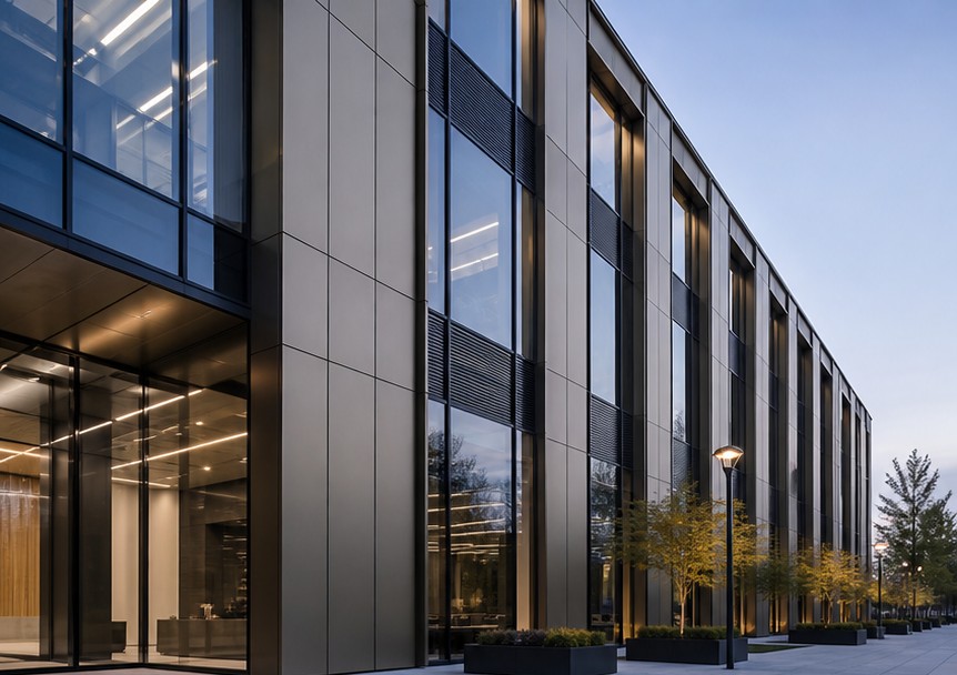Rainscreen cladding — two floors of panel rhythm with integrated glazing bands, medium façade view