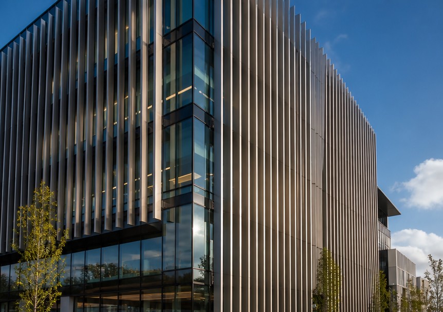 Solar shading — horizontal brise soleil over two floors of glazing, medium-distance elevation
