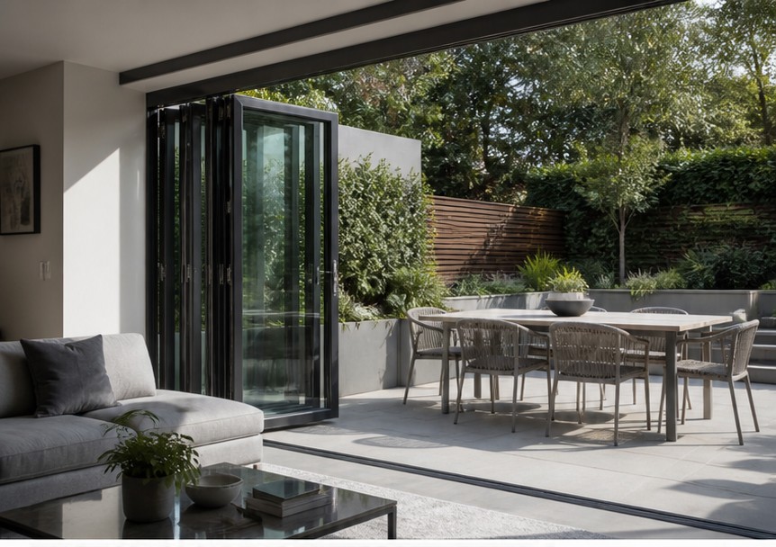 Bi-fold aluminium glass doors stacked to one side with flush sill to the garden