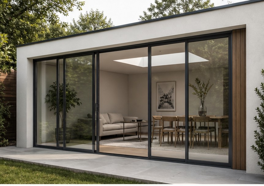 Inline sliding glass panels on twin tracks with slim aluminium stiles