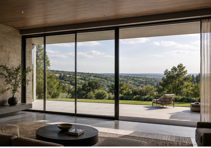 Wide multi-track sliding glass wall with multiple slim-framed panels in a lobby