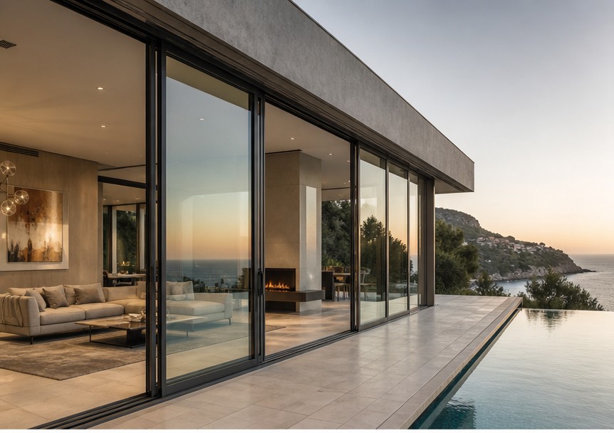 Lift-and-slide patio door with heavy aluminium profiles and compression hardware