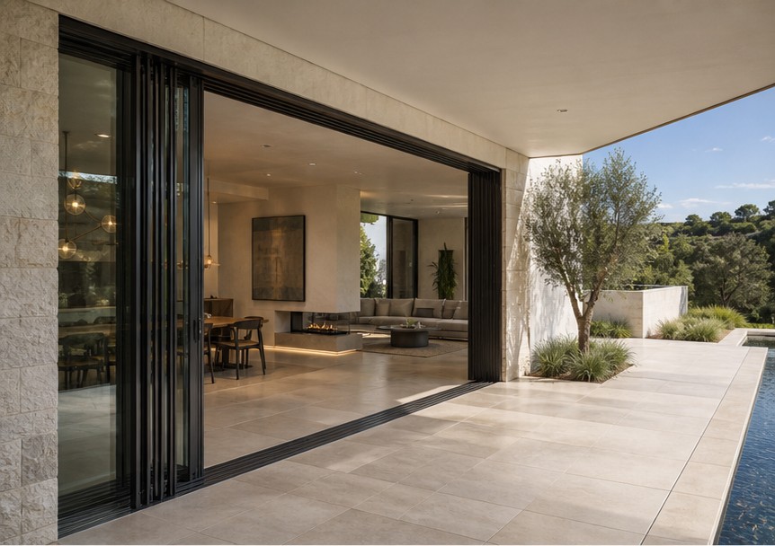Pocket sliding glass wall with panels entering a concealed wall pocket