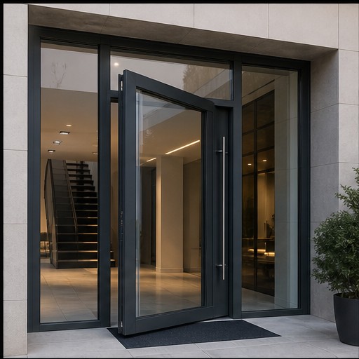 Ultra realistic modern glass entrance door with slim aluminium frame, front elevation view