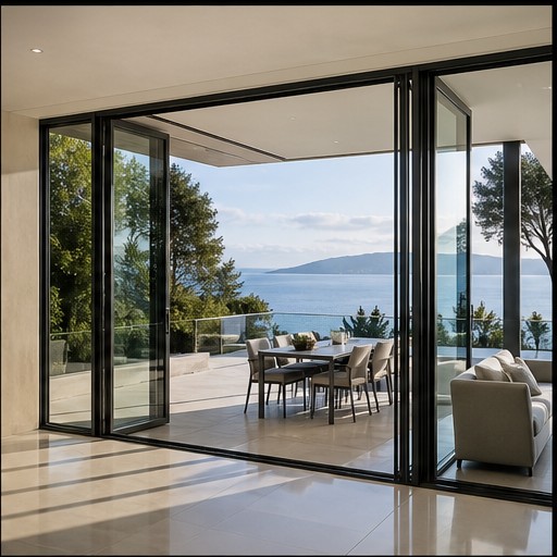 Ultra realistic large folding sliding glass doors fully open to a modern outdoor terrace