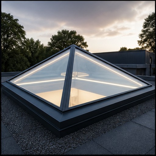 Modern rooflight with daylight entering a premium interior — glass and slim aluminium frame detail