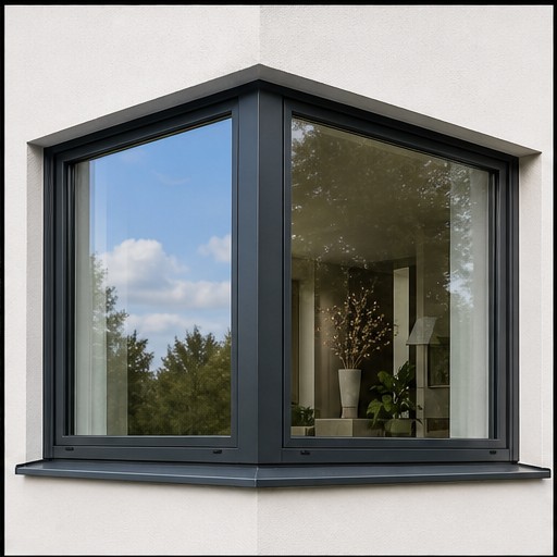 Ultra realistic aluminium window system from interior perspective, soft daylight entering through glass