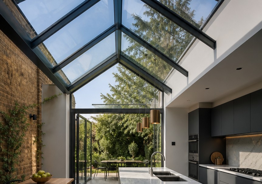 Custom roof glazing with large glass panels, clean structural framing, premium daylight