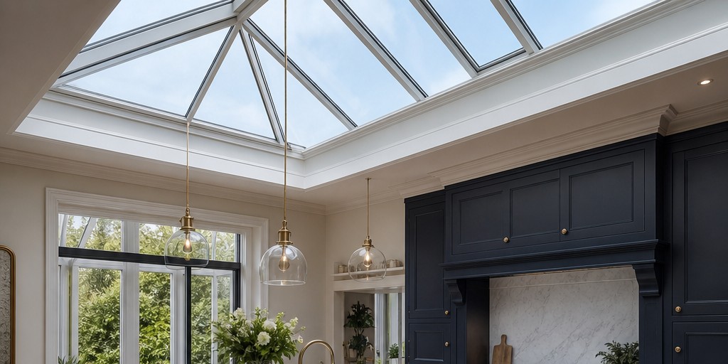 Elegant glass roof lantern above a bright interior space, slim aluminium framing