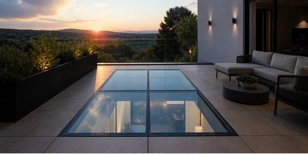 Structural glass rooflight integrated into terrace or floor, premium modern architecture