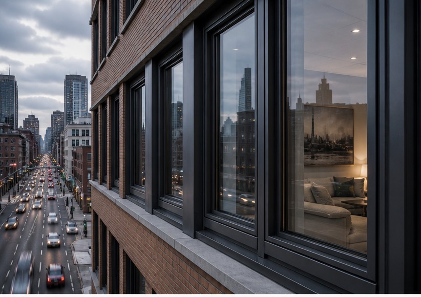 Heavy acoustic glazing in a deep aluminium frame with laminated glass edge detail