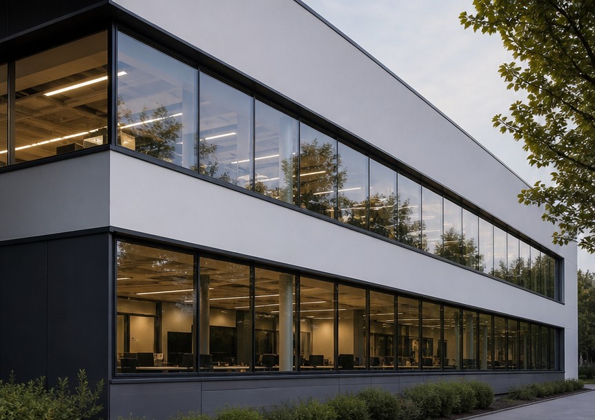 Horizontal ribbon of fixed aluminium glazing with slim mullions and joint cover