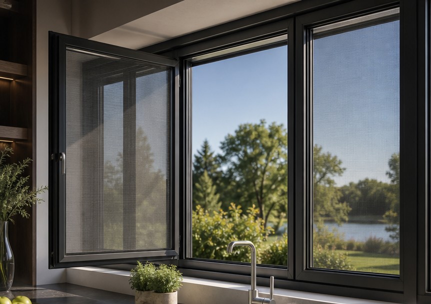 External solar louvres and integrated screening in front of curtain wall glass