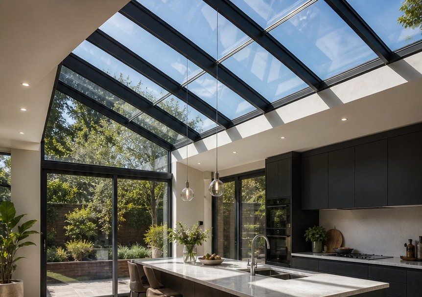 Framed rooflight from below with aluminium curb and insulated double glazing